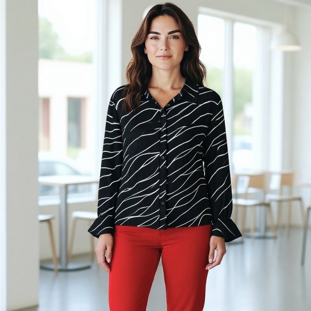 Bar III Zebra Print Button-Down Blouse  Black & White Abstract Stripe Women’s XL
